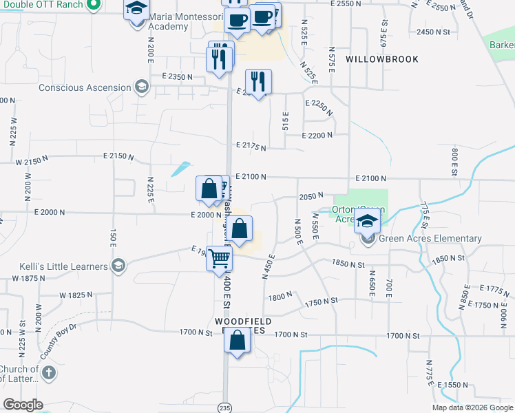 map of restaurants, bars, coffee shops, grocery stores, and more near 417 East 2050 North in Ogden