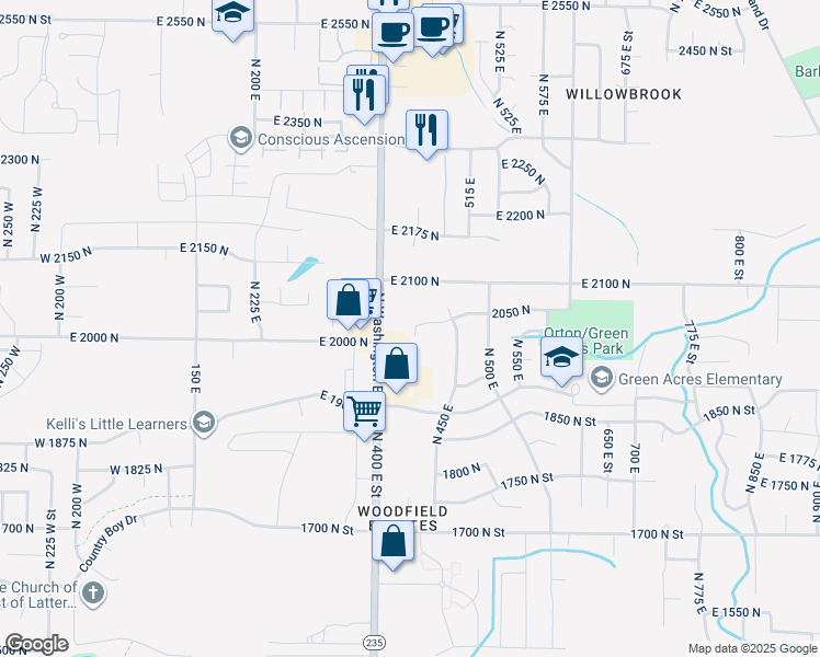 map of restaurants, bars, coffee shops, grocery stores, and more near 417 East 2050 North in Ogden