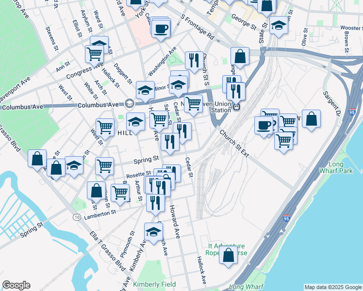 map of restaurants, bars, coffee shops, grocery stores, and more near 118 Cedar Street in New Haven