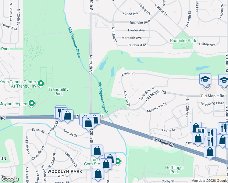 map of restaurants, bars, coffee shops, grocery stores, and more near 11736 Ruggles Circle in Omaha