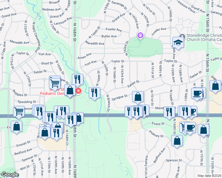 map of restaurants, bars, coffee shops, grocery stores, and more near 16422 Sahler Street in Omaha