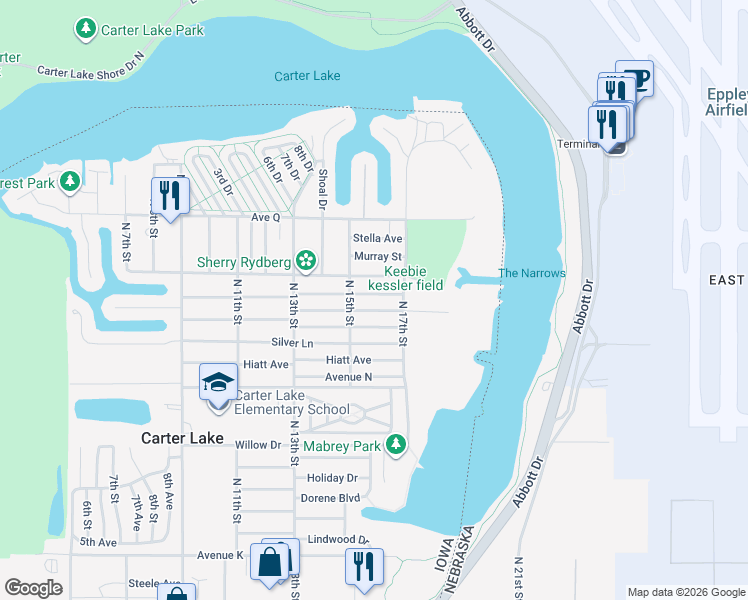 map of restaurants, bars, coffee shops, grocery stores, and more near 1513 Cachelin Drive in Carter Lake