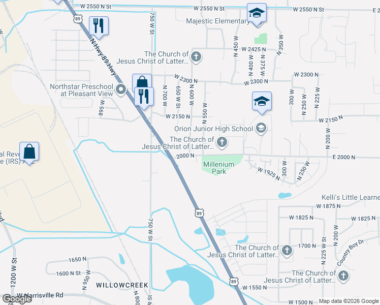 map of restaurants, bars, coffee shops, grocery stores, and more near 2011 North 600 West in Harrisville
