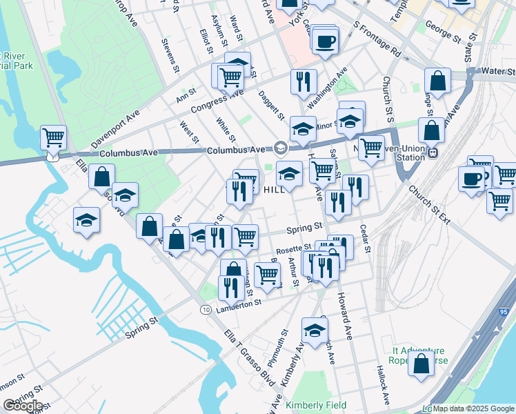 map of restaurants, bars, coffee shops, grocery stores, and more near 271 Putnam Street in New Haven