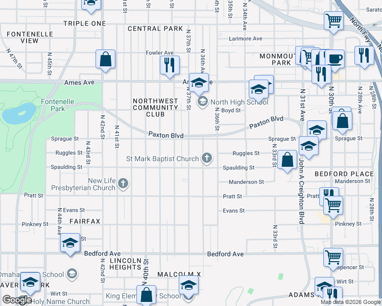 map of restaurants, bars, coffee shops, grocery stores, and more near 3931 North 37th Street in Omaha