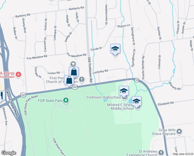 map of restaurants, bars, coffee shops, grocery stores, and more near 2611 Flagg Place in Yorktown Heights