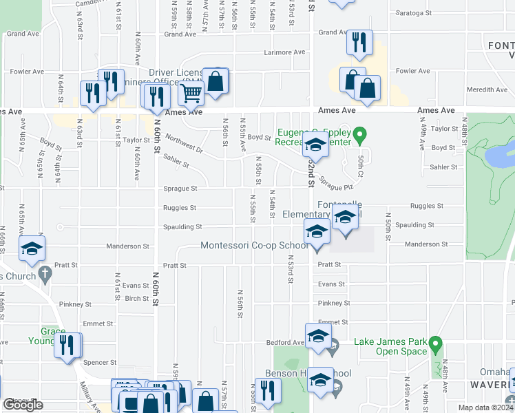 map of restaurants, bars, coffee shops, grocery stores, and more near 3931 North 55th Street in Omaha