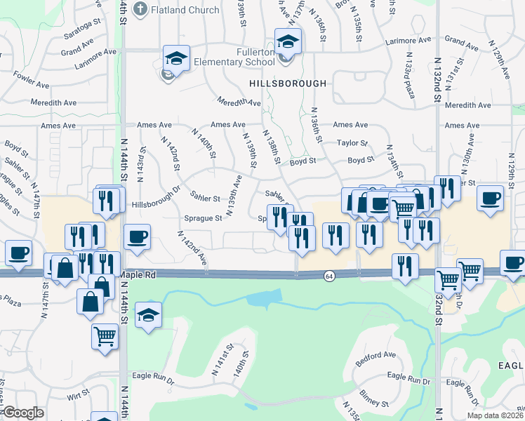 map of restaurants, bars, coffee shops, grocery stores, and more near 4108 138th Avenue Circle in Omaha