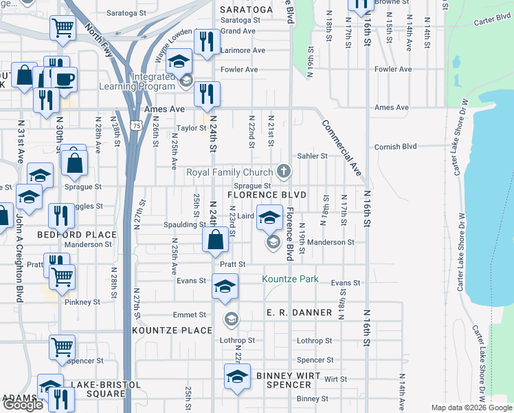 map of restaurants, bars, coffee shops, grocery stores, and more near 3915 North 22nd Street in Omaha