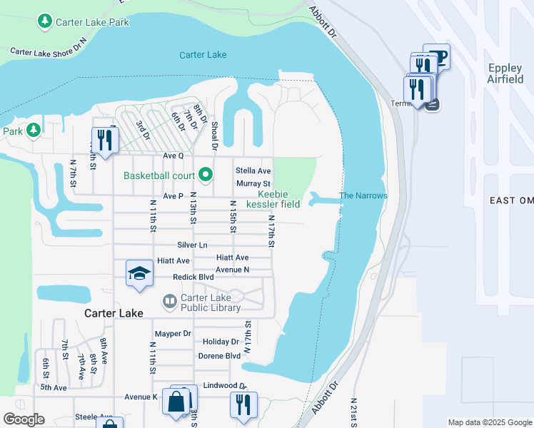 map of restaurants, bars, coffee shops, grocery stores, and more near 1545 Cachelin Drive in Carter Lake