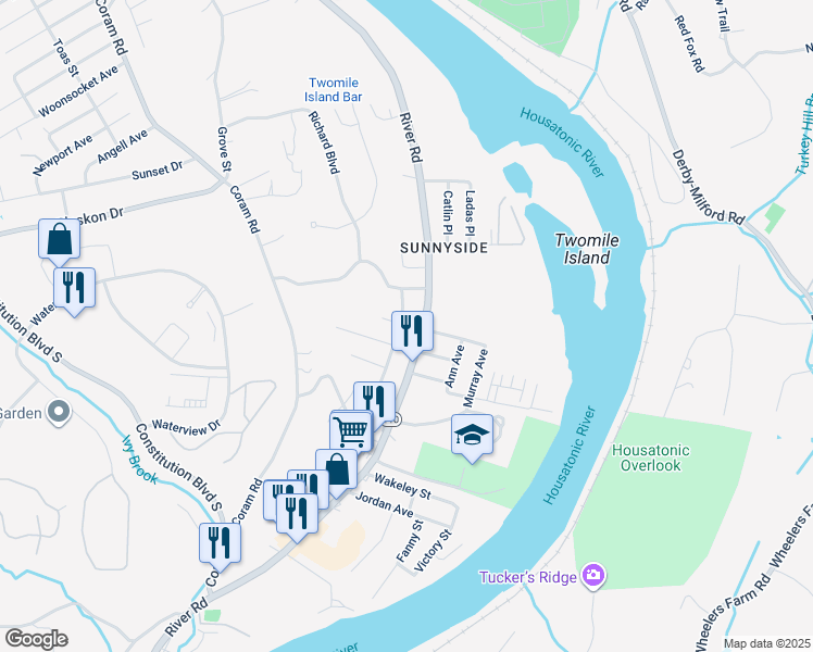 map of restaurants, bars, coffee shops, grocery stores, and more near 19 Colony Street in Shelton