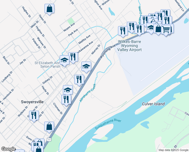map of restaurants, bars, coffee shops, grocery stores, and more near 1729 Wyoming Avenue in Forty Fort