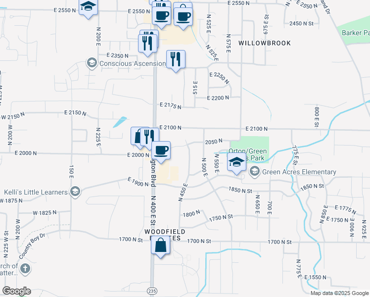 map of restaurants, bars, coffee shops, grocery stores, and more near 445 2050 North in Ogden