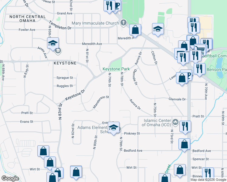 map of restaurants, bars, coffee shops, grocery stores, and more near 4115 North 79th Street in Omaha