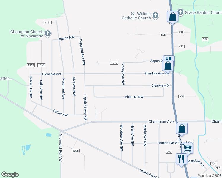 map of restaurants, bars, coffee shops, grocery stores, and more near 2339 Clearview Drive in Warren