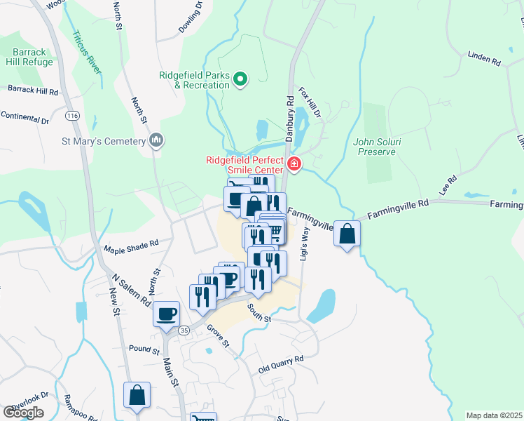 map of restaurants, bars, coffee shops, grocery stores, and more near 125 Danbury Road in Ridgefield