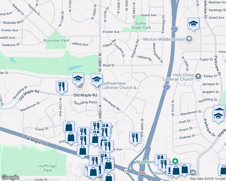 map of restaurants, bars, coffee shops, grocery stores, and more near 10629 Spaulding Circle in Omaha