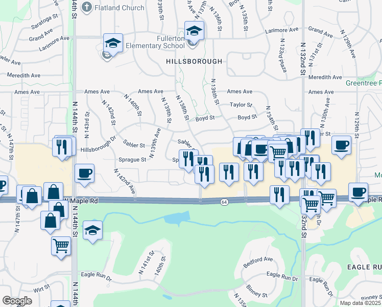 map of restaurants, bars, coffee shops, grocery stores, and more near 13811 Sahler Street in Omaha