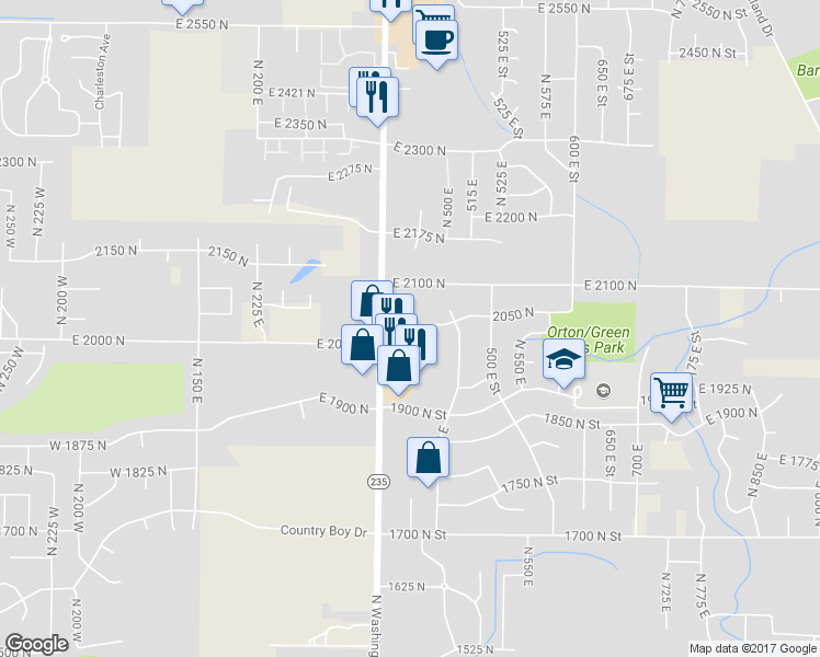 map of restaurants, bars, coffee shops, grocery stores, and more near 417 East 2050 North in Ogden