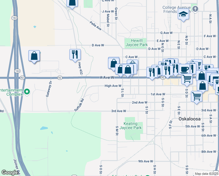 map of restaurants, bars, coffee shops, grocery stores, and more near 1416 High Avenue West in Oskaloosa