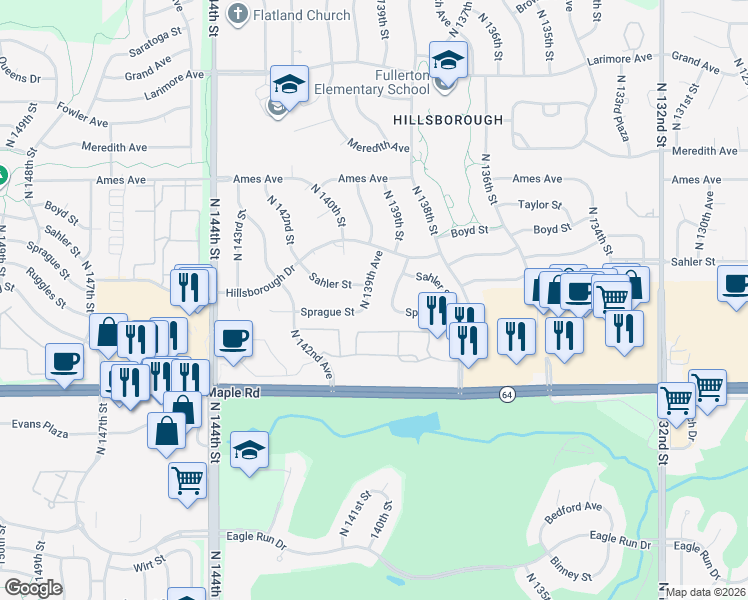 map of restaurants, bars, coffee shops, grocery stores, and more near 4113 North 139th Avenue in Omaha