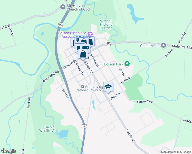 map of restaurants, bars, coffee shops, grocery stores, and more near 80 Ohio 601 in Milan