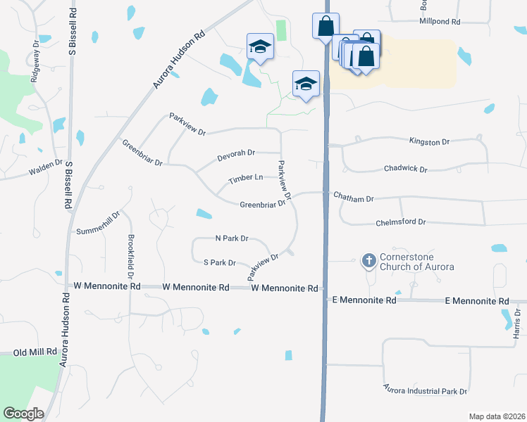map of restaurants, bars, coffee shops, grocery stores, and more near 105 Greenbriar Drive in Aurora