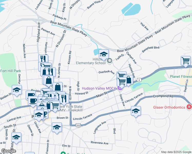 map of restaurants, bars, coffee shops, grocery stores, and more near 150 Overlook Avenue in Peekskill