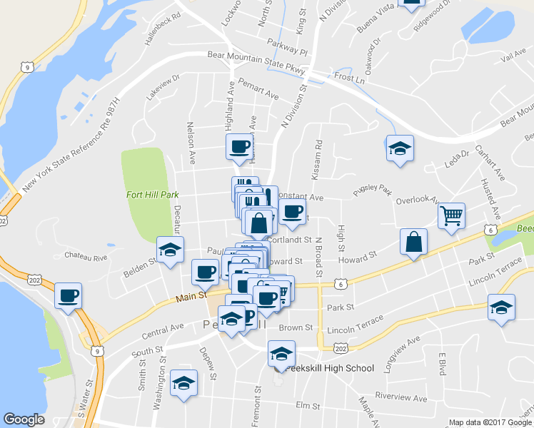 map of restaurants, bars, coffee shops, grocery stores, and more near 1002 Orchard Street in Peekskill