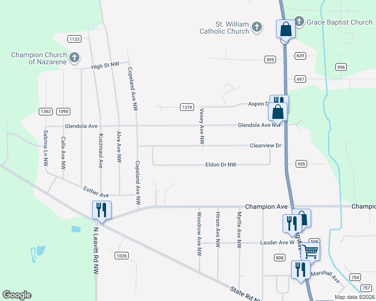 map of restaurants, bars, coffee shops, grocery stores, and more near 2339 Clearview Drive in Warren