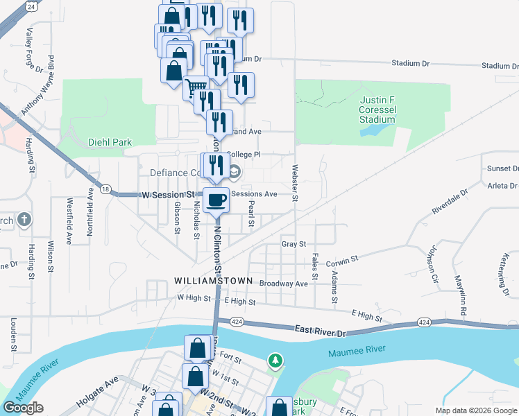 map of restaurants, bars, coffee shops, grocery stores, and more near 202 Greer Street in Defiance