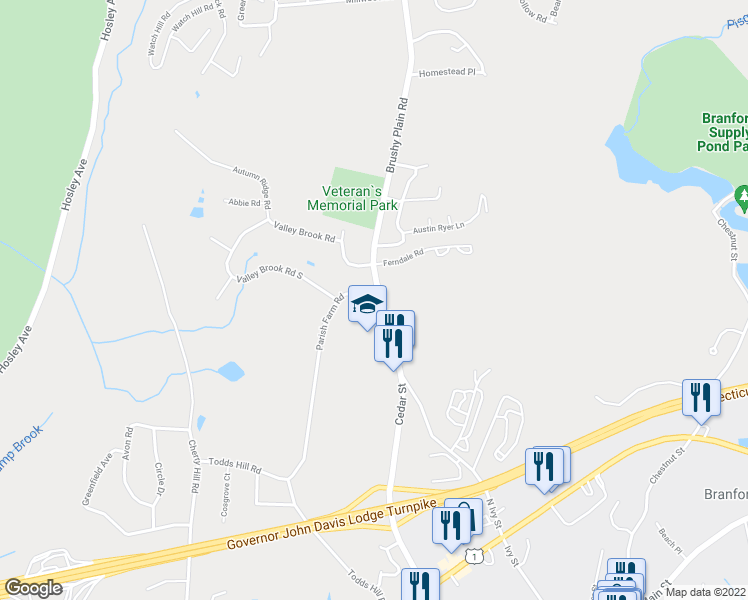 map of restaurants, bars, coffee shops, grocery stores, and more near 44 Brushy Plain Road in Branford