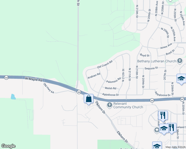 map of restaurants, bars, coffee shops, grocery stores, and more near 21505 Arabian Road in Omaha