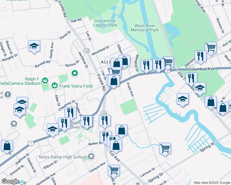 map of restaurants, bars, coffee shops, grocery stores, and more near 144 Taft Avenue in West Haven