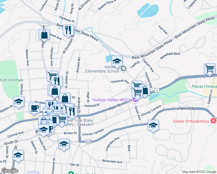 map of restaurants, bars, coffee shops, grocery stores, and more near 150 Overlook Avenue in Peekskill