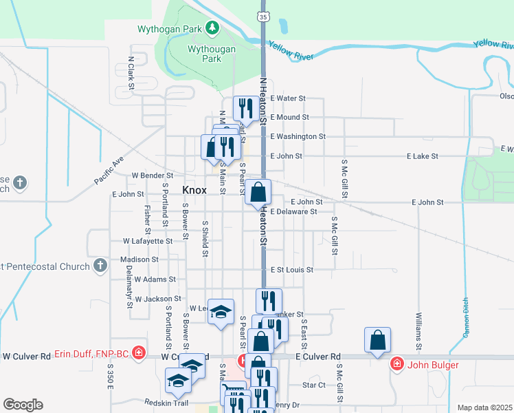 map of restaurants, bars, coffee shops, grocery stores, and more near East Delaware Street in Knox