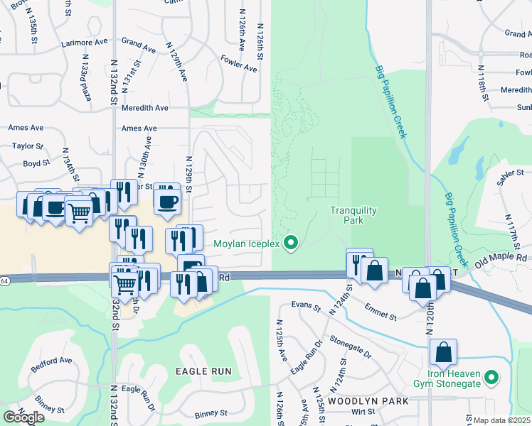map of restaurants, bars, coffee shops, grocery stores, and more near 12534 Glenvale Plaza in Omaha