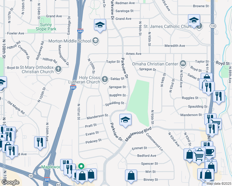 map of restaurants, bars, coffee shops, grocery stores, and more near 9640 Ruggles Street in Omaha