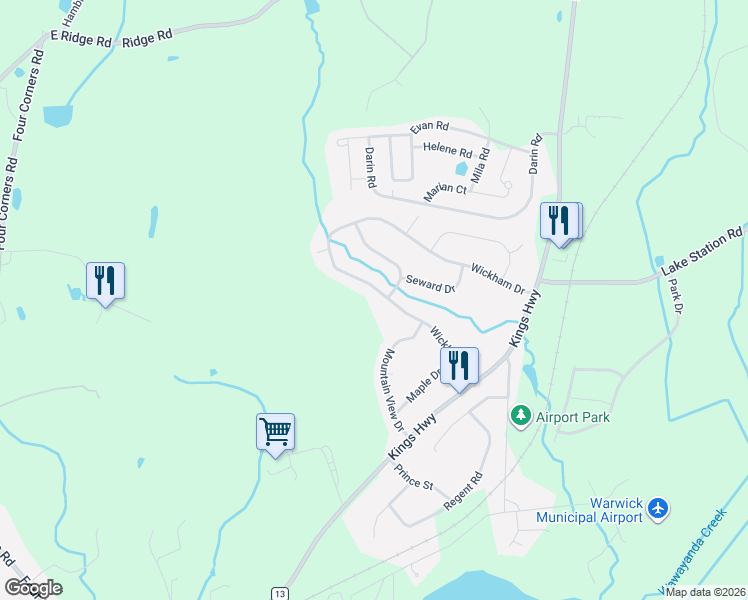 map of restaurants, bars, coffee shops, grocery stores, and more near 29 Wickham Drive in Warwick