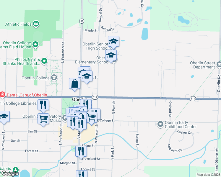 map of restaurants, bars, coffee shops, grocery stores, and more near 114 East Lorain Street in Oberlin