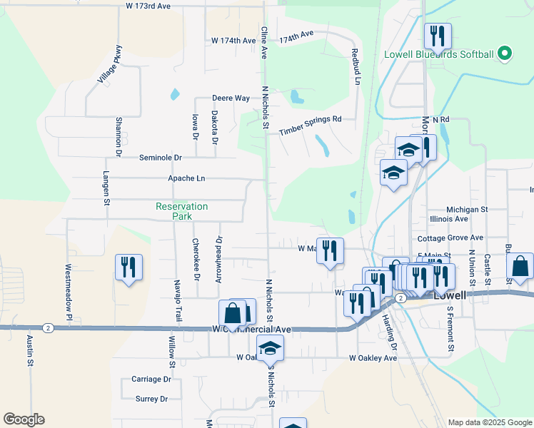 map of restaurants, bars, coffee shops, grocery stores, and more near 353 North Nichols Street in Lowell