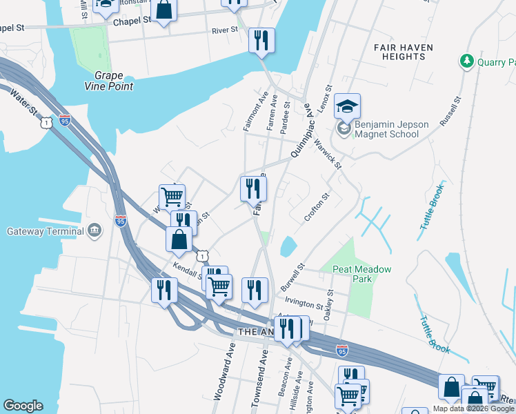 map of restaurants, bars, coffee shops, grocery stores, and more near 23 Farren Avenue in New Haven