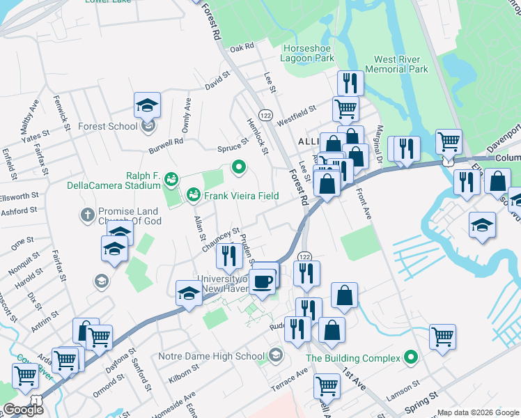 map of restaurants, bars, coffee shops, grocery stores, and more near 60 Orange Terrace in West Haven