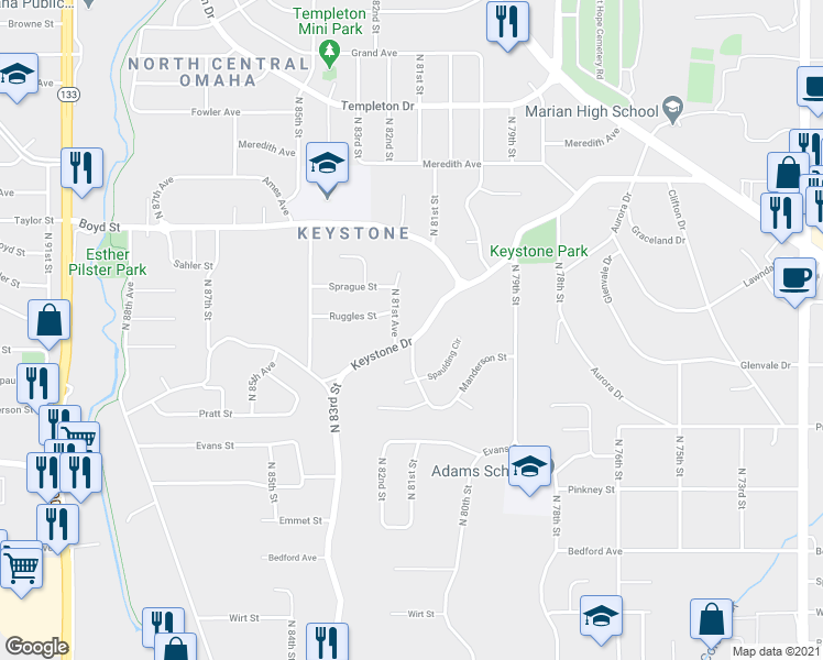 map of restaurants, bars, coffee shops, grocery stores, and more near 8120 Keystone Drive in Omaha
