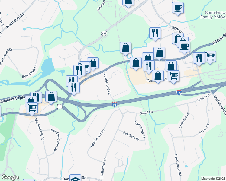 map of restaurants, bars, coffee shops, grocery stores, and more near 12 Featherbed Lane in Branford