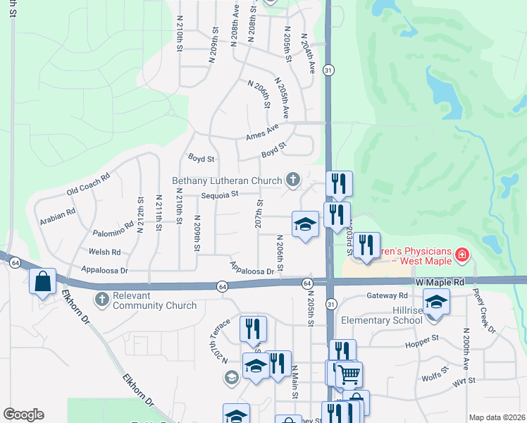 map of restaurants, bars, coffee shops, grocery stores, and more near 20618 Laramie Road in Omaha
