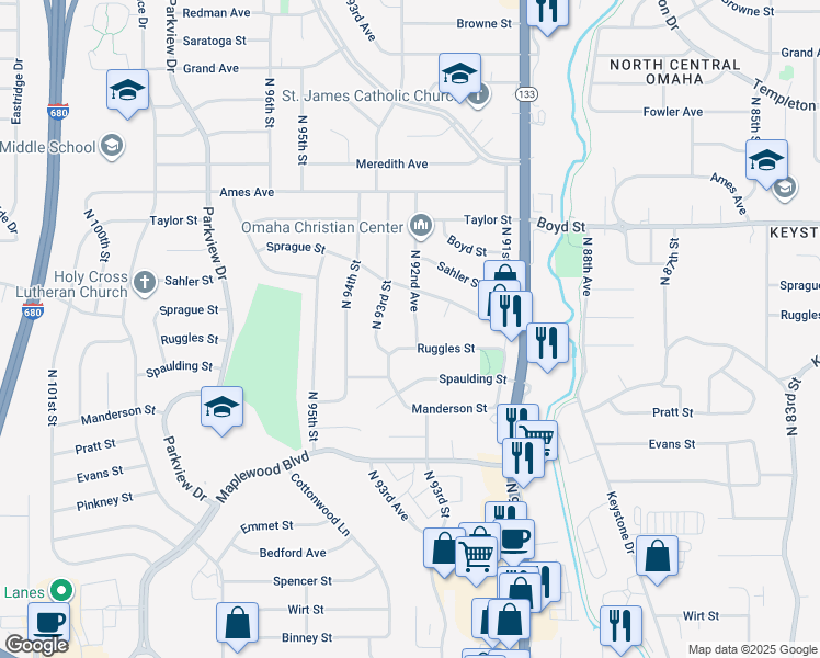 map of restaurants, bars, coffee shops, grocery stores, and more near 4010 North 92nd Avenue in Omaha