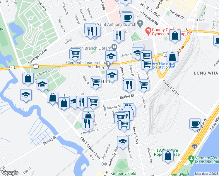 map of restaurants, bars, coffee shops, grocery stores, and more near 140 Dewitt Street in New Haven