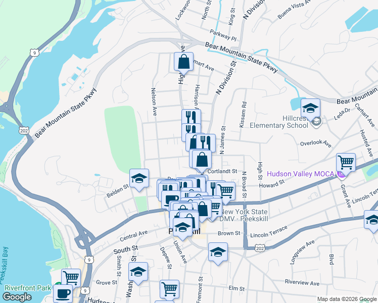 map of restaurants, bars, coffee shops, grocery stores, and more near 956 Orchard Street in Peekskill