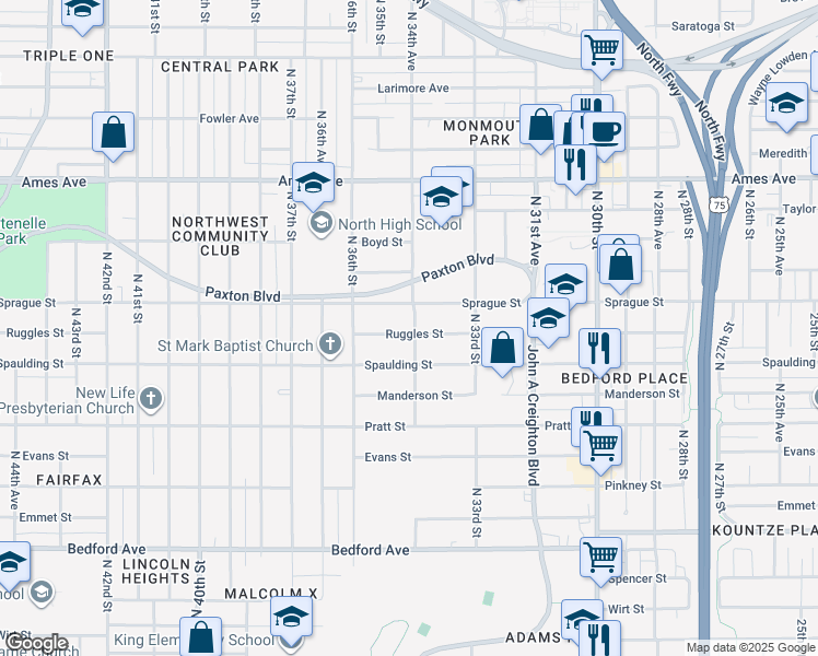 map of restaurants, bars, coffee shops, grocery stores, and more near 4004 North 34th Avenue in Omaha